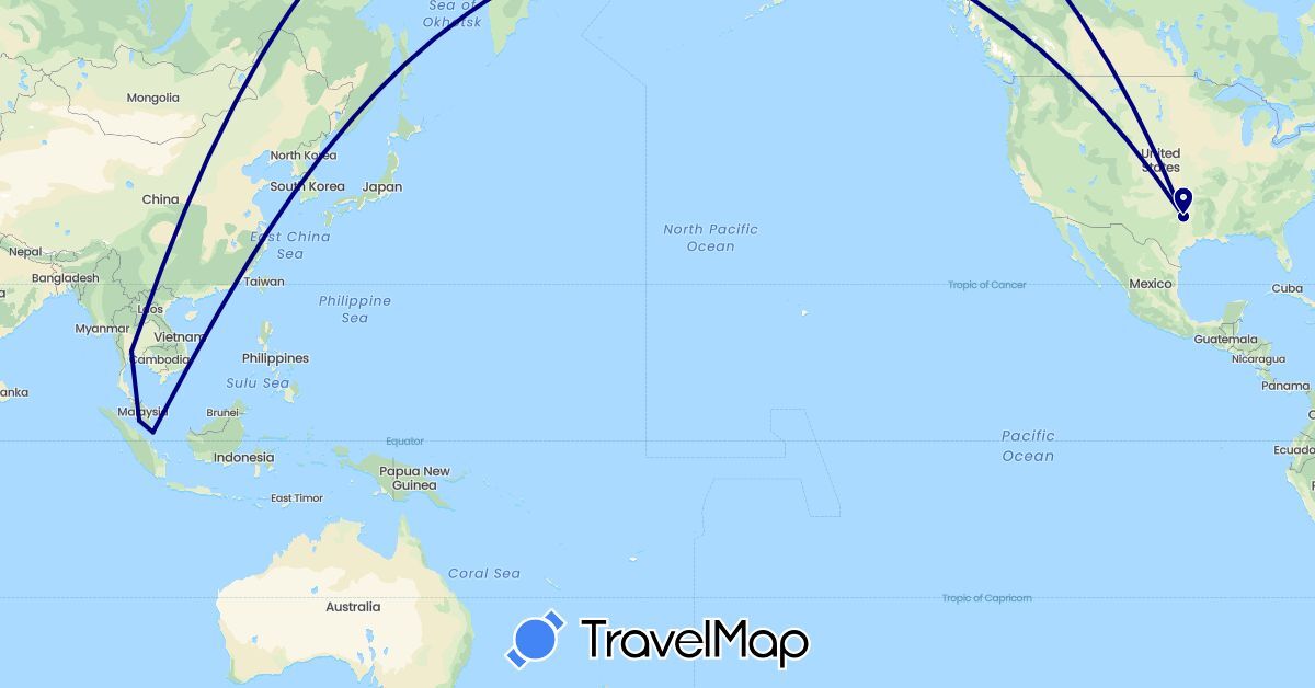 TravelMap itinerary: driving in Malaysia, Singapore, Thailand, United States (Asia, North America)